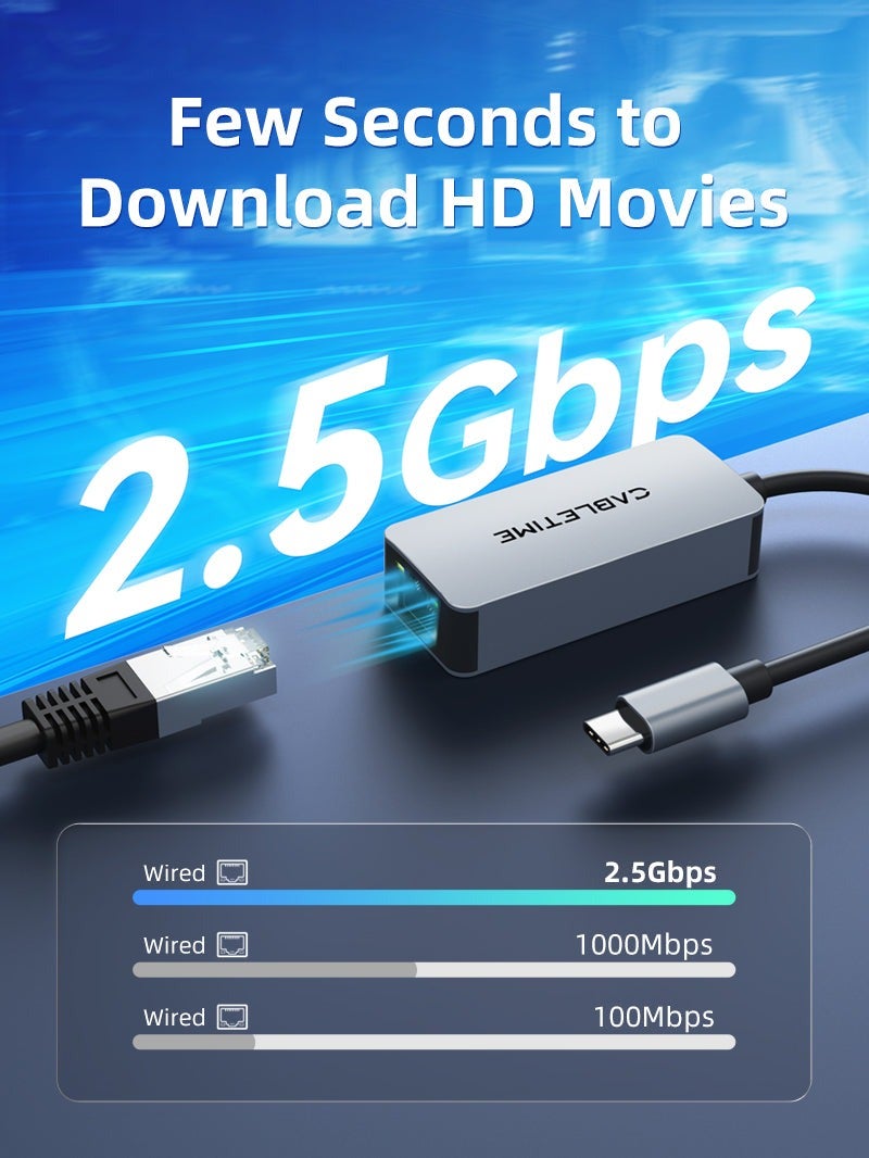 كابل تايم محول USB 3.1 من النوع C إلى منفذ إيثرنت RJ45 بسرعة 2.5 جيجابت، متوافق مع أجهزة ماك بوك برو/إير، وآيباد برو، وديل إكس بي إس، وسيرفس لاب توب، وماك - Image 2